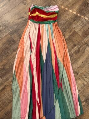 Striped Multicolor Pleated Maxi Dress- Strapless